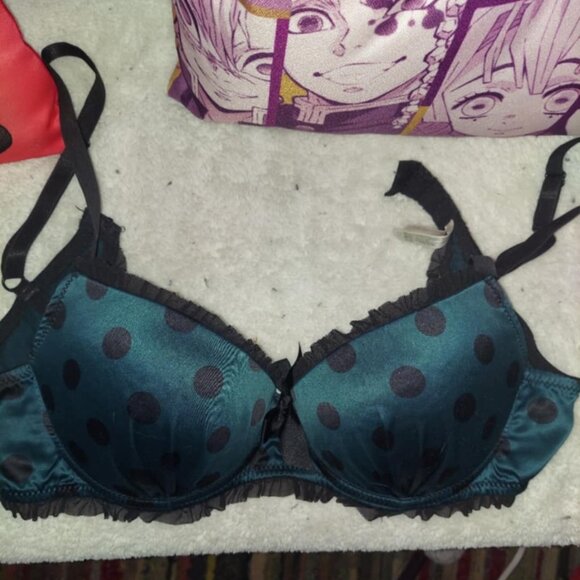 Teal & black polka dot 34c bra with ruffles - Picture 3 of 9